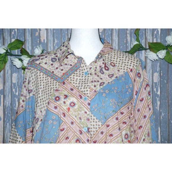 Lemon Grass Patchwork Ladies Blouse Top Size XL Button Up Gannycore Artsy Hippie - Picture 2 of 7